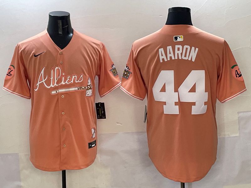 Men Atlanta Braves 44 Aaron Orange Five generations Joint Name 2025 Nike MLB Jersey style 1